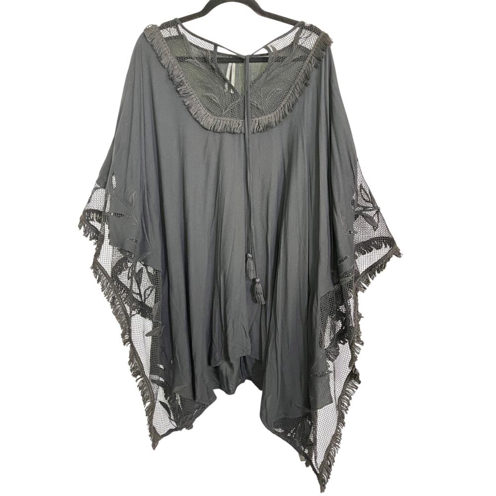 Anthropologie Black Boho Tassel Poncho Tunic Mesh Lace Fringe Top XS S